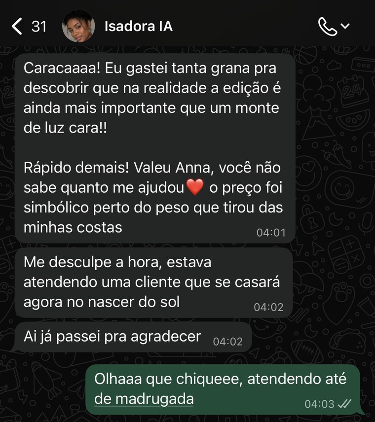 Depoimento da Isadora no WhatsApp